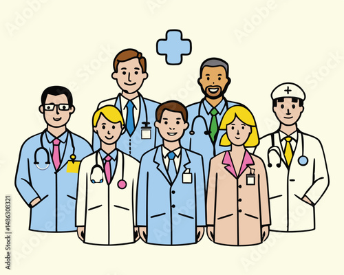 Vector Illustration of Diverse Medical Team of Doctors and Nurses – Healthcare Workers Group Portrait in Flat Cartoon Style for Hospital, Clinic, or Medical Services Design.