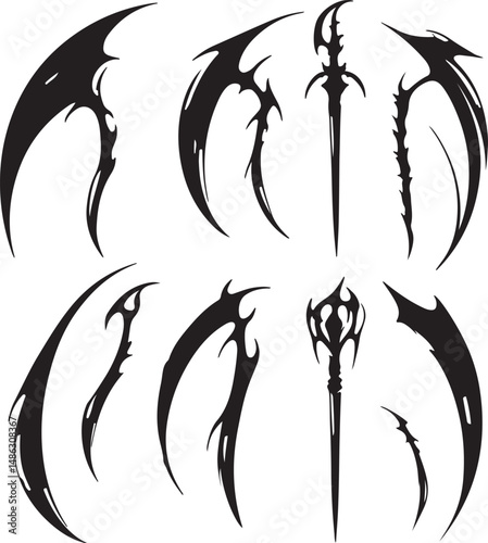Black Gothic Weapons Set: Scythes, Daggers, Staffs, Silhouette Art