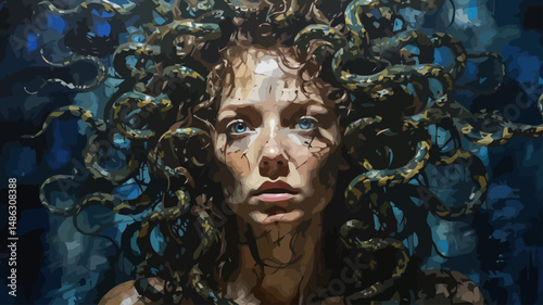 Medusa's Gaze-A captivating painting of Medusa-Her serpentine hair frames a face cracked with age-Haunting blue eyes pierce the viewer-Greek mythology art-Mythical beauty-Ancient legend