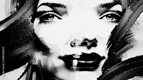 Monochrome Beauty Art-Striking Black and White Portrait of a Woman-Abstract Brushstrokes and Intense Gaze-Modern Fine Art Print for Home Decor-Intriguing Female Face