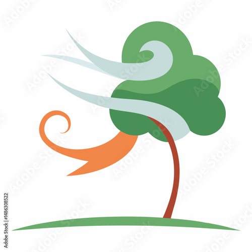 Stylized tree and wind graphic illustration representing environmental change or natural power