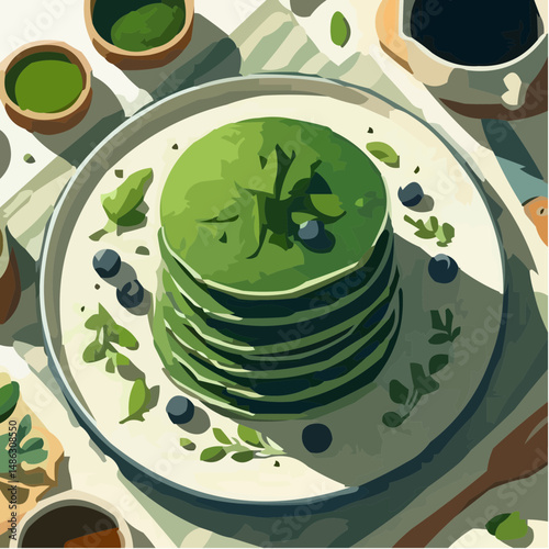 Stack of green pancakes with herbs and blueberries on a plate  