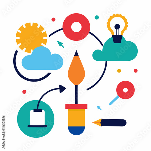 Creative process flat design vector illustration generating ideas and solutions
