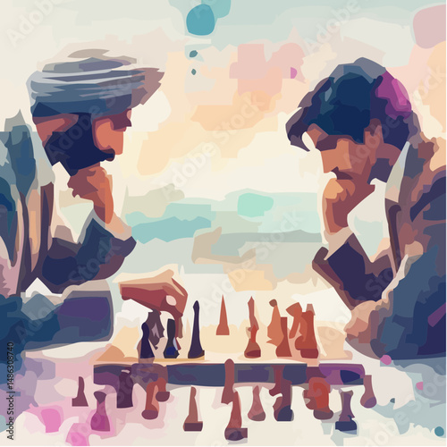 Two men playing chess thoughtfully by the seaside in a colorful style  