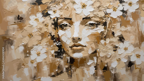 Textured Portrait of a Woman with Flowers-Abstract Beauty in Beige and White-Impasto Style Painting-Contemporary Art-Elegant Female Figure Artwork