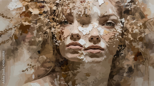Textured Portrait of a Woman with Floral Accents - Impressionistic Painting with Earth Tones - Beautiful and Evocative Artwork - Fine Art Print for Home Decor