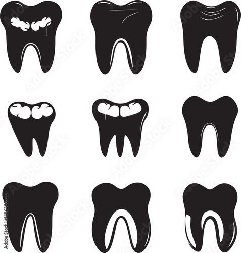 Black Tooth Icons: Dental Health, Cavities, and Healthy Teeth