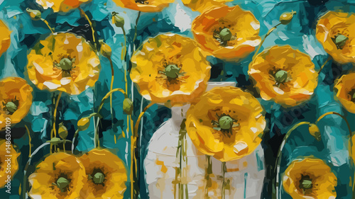 Vibrant Yellow Poppies in White Vase Painting- Expressive Brushstrokes- Floral Still Life Art- Teal Background- Modern Impressionism- Stunning Flower Artwork for Home Decor