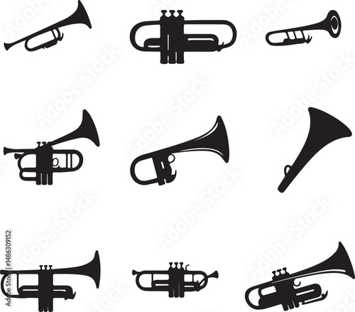 Black Silhouette Trumpet Icons Set, Musical Instruments, Vector Art