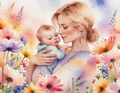 Watercolor Mother and Baby Art-Beautiful Mother's Embrace in Floral Setting-Touching Watercolor Painting of Mom and Child Love-Floral watercolor art image
