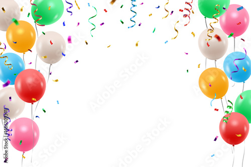 Vector colorful party balloons, confetti and streamers decorative border isolated on white background