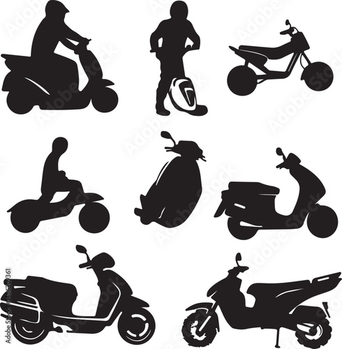 Scooter Silhouettes: Various Scooter Designs and Riders in Black and White
