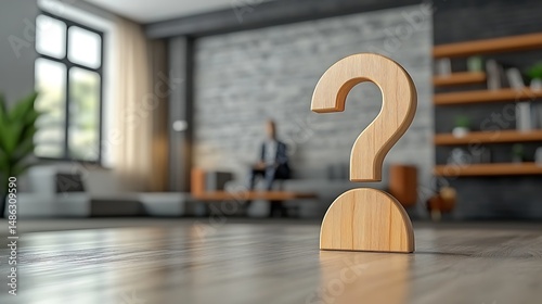Conceptual image using rule of thirds showing wooden person on the right side of table with floating question mark and blurry figure of a man on left in a softly lit room