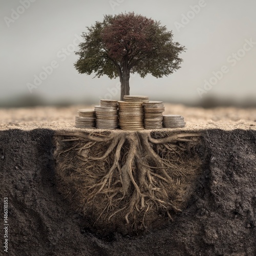 Tree growing from stack of coins