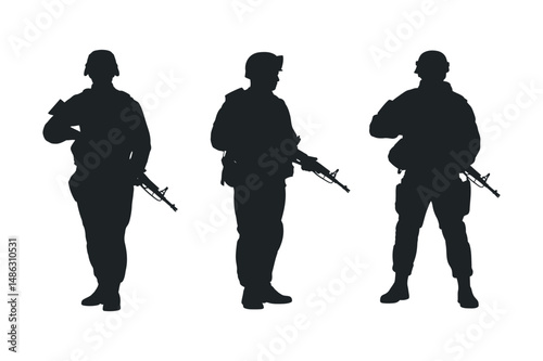 Three Silhouettes of Soldiers in Full Combat Gear Holding Rifles