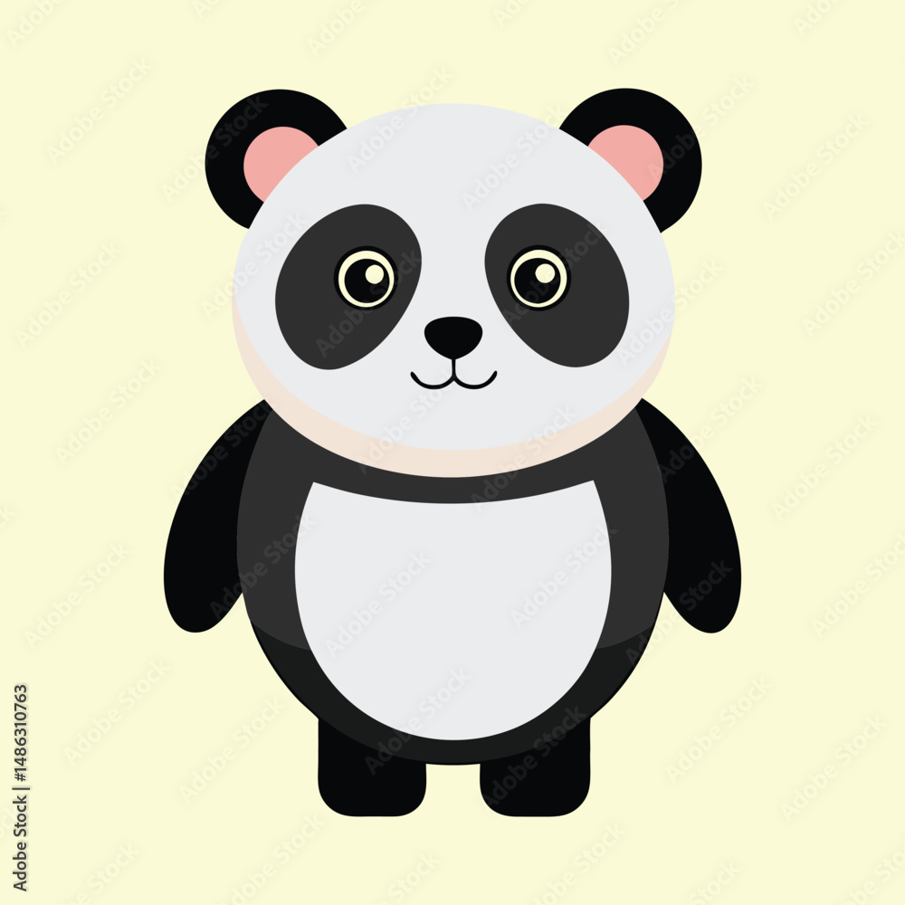 Naklejka premium Cute Panda Bear Cartoon Illustration on Pale Yellow Background, Adorable Design