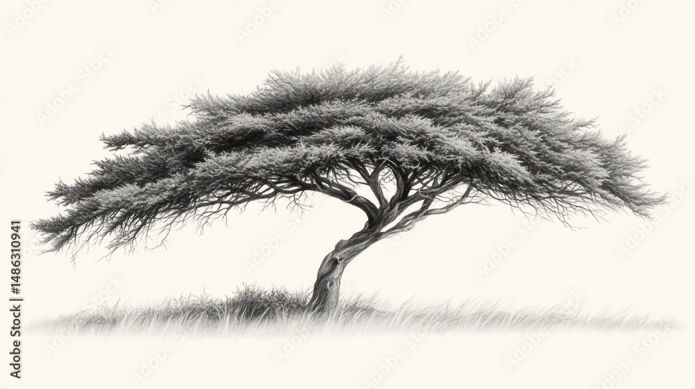 Fototapeta premium Detailed pencil sketch of a sprawling acacia tree