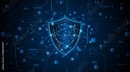 Abstract technology circuit board background with shield symbols concept of data protection and cyber privacy. modern security technology innovation concept background	