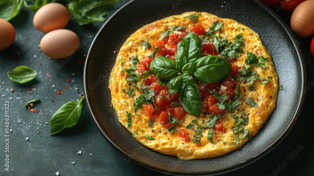 Scrumptious tomato and basil egg dish on dark plate. Scrumptious tomato and basil egg dish on dark plate.