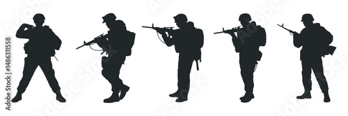 Obraz na plátně Five Silhouettes of Soldiers in Various Combat Poses with Rifles and Backpacks