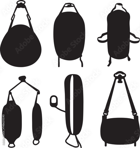 Black Silhouette Boxing Bags: Vector Illustrations, Sport Equipment