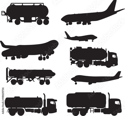 Silhouette of Airplanes and Tanker Trucks Vector Graphic Design