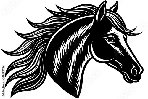 Elegant white horse head vector illustration with transparent background design, horse, horse head, equestrian, animal, vector, illustration, line art, drawing, outline, silhouette, white, mane, musta