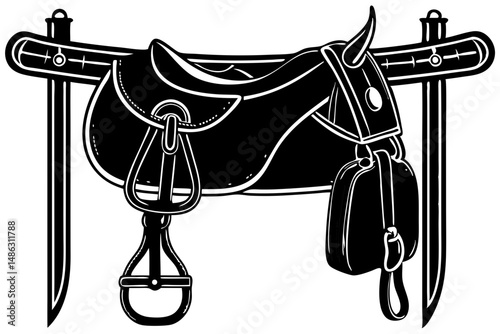 Saddle and bridle outline isolated equestrian equipment vector illustration, saddle, bridle, equestrian, horse, riding, equipment, vector, isolated, outline, design, silhouette, animal, sport, farm