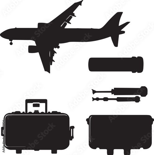 Airplane Silhouette with Luggage: Travel, Airport, Vacation Vector Art