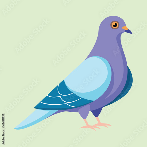 A stylish pigeon in blue and purple stands tall against a light green backdrop
