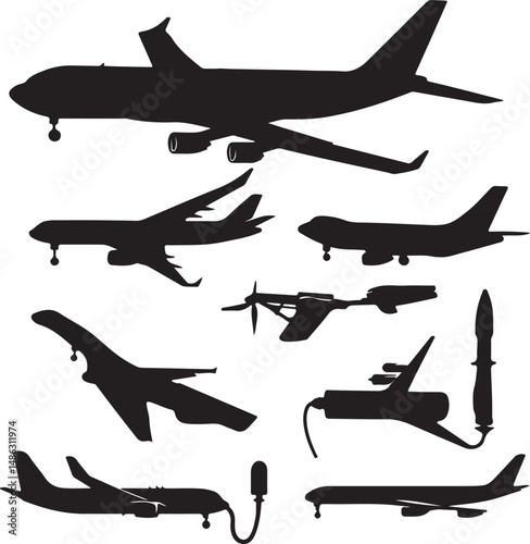 Airplane Silhouettes: Jet, Propeller, and Military Aircraft Vectors