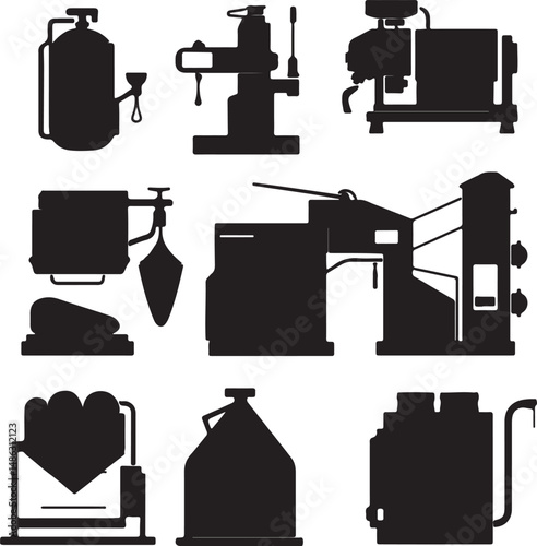 Black and White Silhouette Vector Art of Industrial Machines Equipment