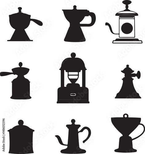 Vintage Coffee Maker Silhouettes: Moka Pots, Percolators, Coffee Brewing