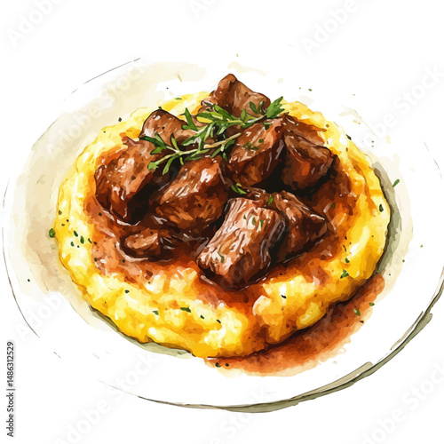 Polenta Topped With Braised Meat, watercolor illustration vector, high quality, isolated on a white background.