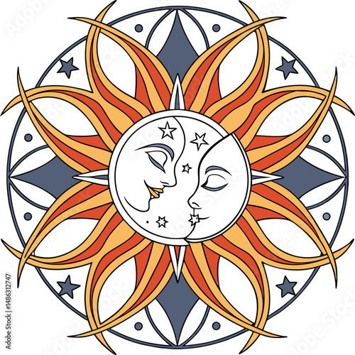 Celestial Embrace: A captivating artistic illustration depicting the sun and moon in an intimate embrace, surrounded by a celestial framework of stars.