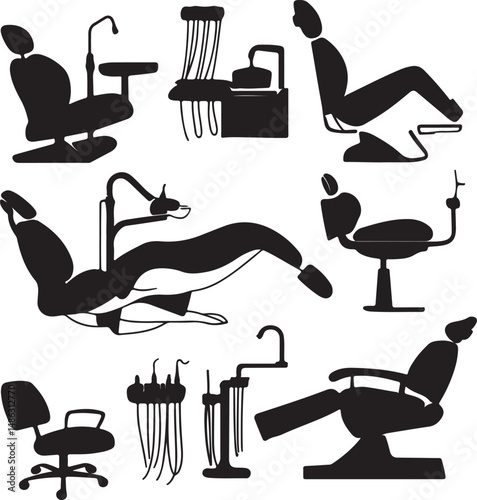 Dental Office Equipment: Black Silhouette Vector Illustration