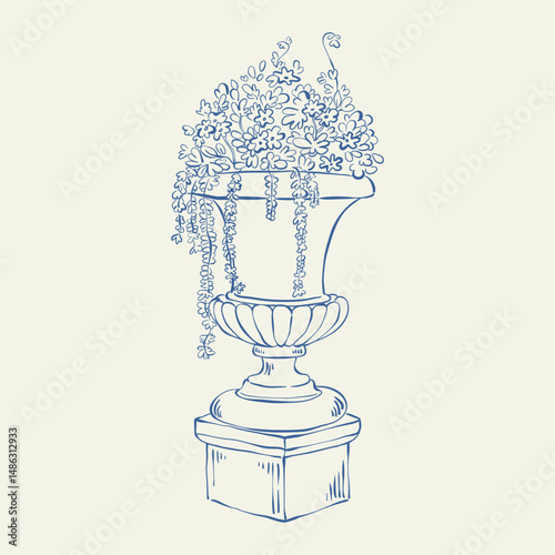 Ancient outdoor stone vase with flower. Hand drawing whimsical victorian garden urn. Vintage street carved plant urn. Italian summer european style vector illustration for invitation, poster, card.