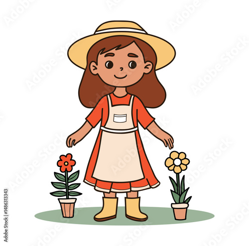 Cute girl farmer in hat. Kid Girl Gardener with flowerpots with flowers. Colored hand drawing. Vector illustration