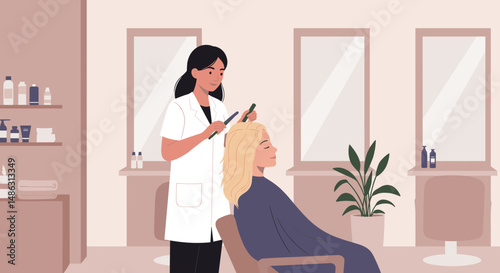 Hairdresser styling hair for woman in salon with modern decor  