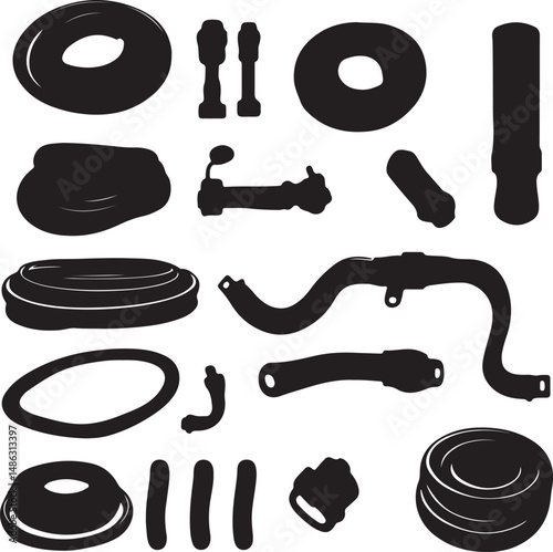 Black and White Vector Silhouette of Auto Parts and Rubber Components
