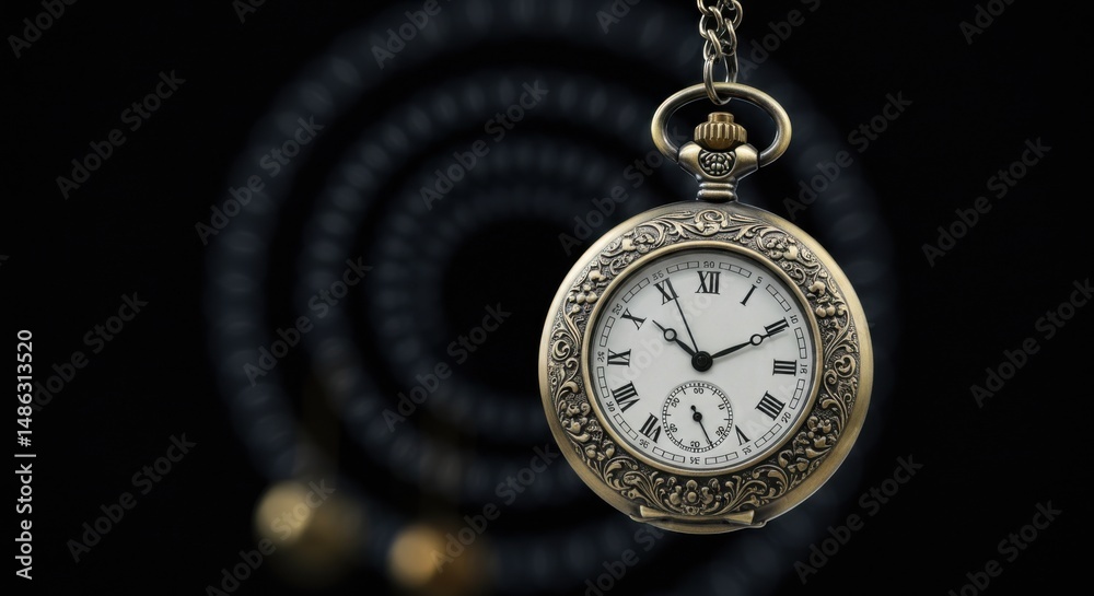 Ornate Gold Pocket Watch Hanging with Chain on Black Background Showing the Time Ornate Gold Pocket Watch Hanging with Chain on Black Background Showing the Time