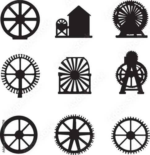 Water Wheel Silhouettes: Mill Icons, Vintage Black and White Graphics