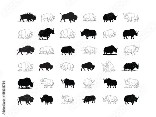 Bison Yak Buffalo Clipart Bundle | Wild Animal Silhouette and Line Art Vector Set for Sublimation and T-Shirt Design .