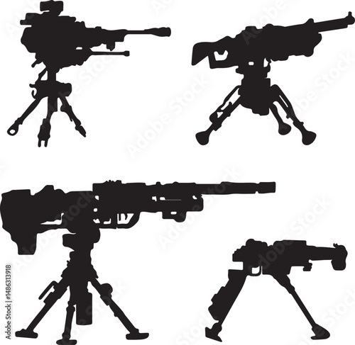 Silhouettes of Heavy Machine Guns on Tripods: Military Weapons