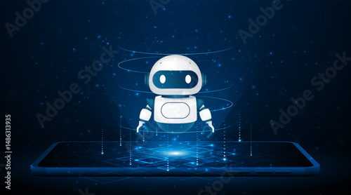 Artificial intelligence robot on a tablet or smartphone. Modern technology. Intelligent assistant robot of the future world. Chatbot mascot on a blue background.	