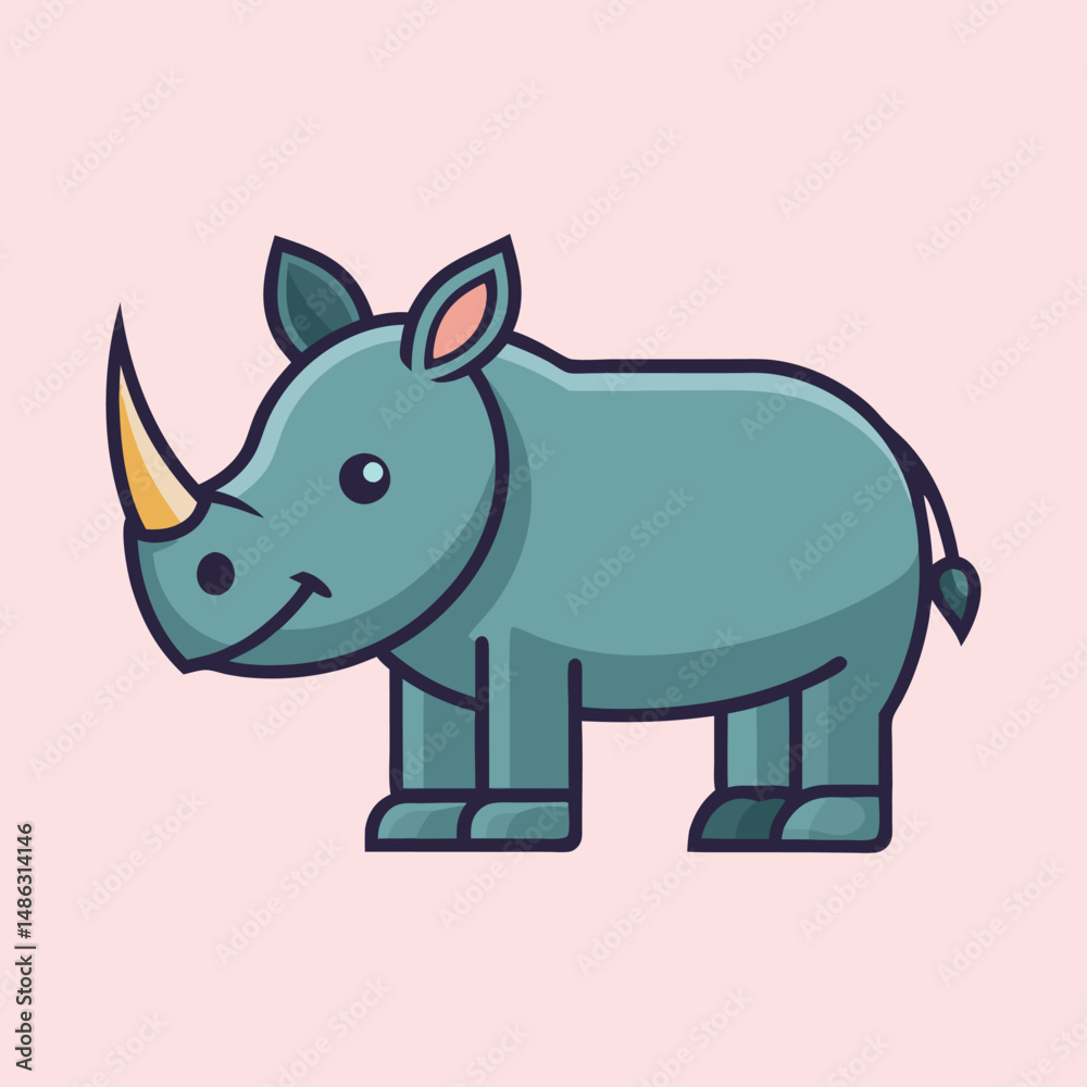 Naklejka premium Cartoon Rhinoceros Illustration with Simple Design and Soft Pink Background