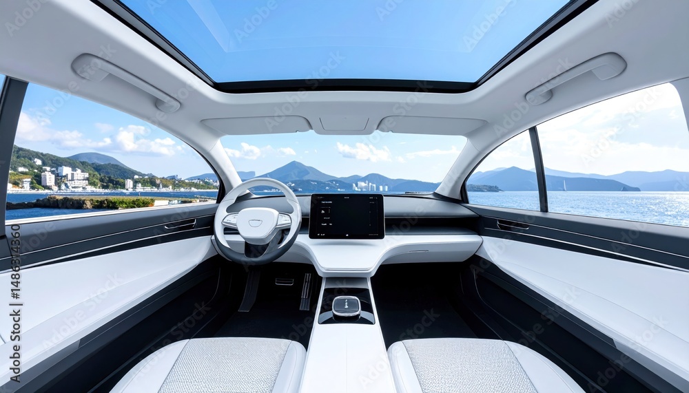 Car interior view. White panels, steering wheel, central display, open roof, seaside background Car interior view. White panels, steering wheel, central display, open roof, seaside background
