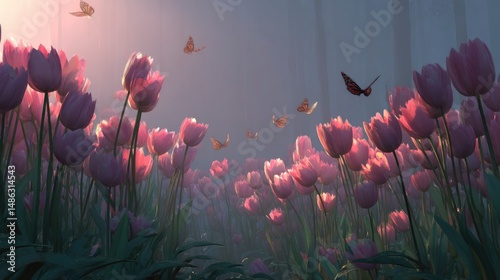 A magical tulip field covered in mist with butterflies fluttering gently under soft morning light