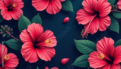 Bold hibiscus flowers, repeating pattern, deep colors , illustration, tropical
