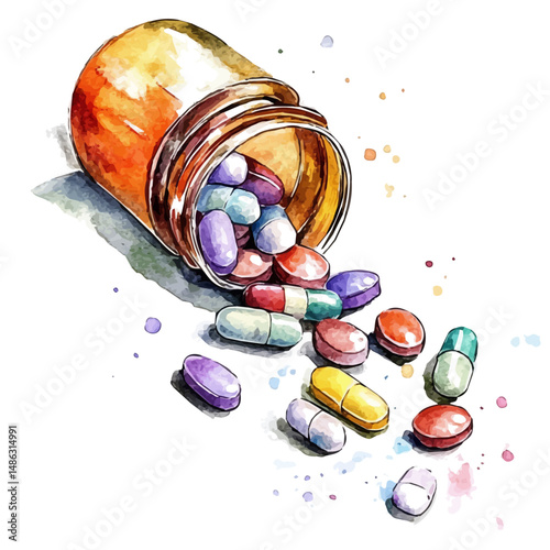 Plastic Pill Bottle With Pills Spilling Out, watercolor illustration vector, high quality, isolated on a white background.